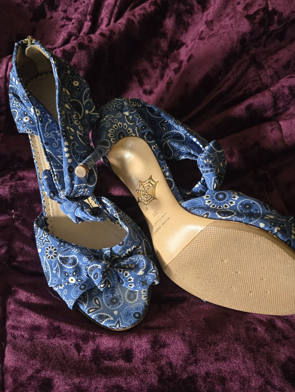 Charlotte Olympia Blue Bandana Print Pinup Sandal Heels 38